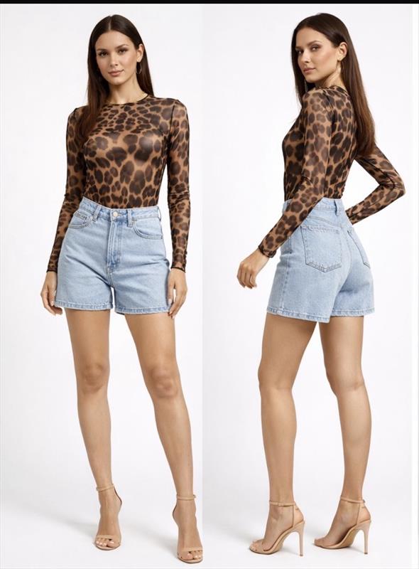 Damen Leo Print Mesh Body-Transparenter Langarm
