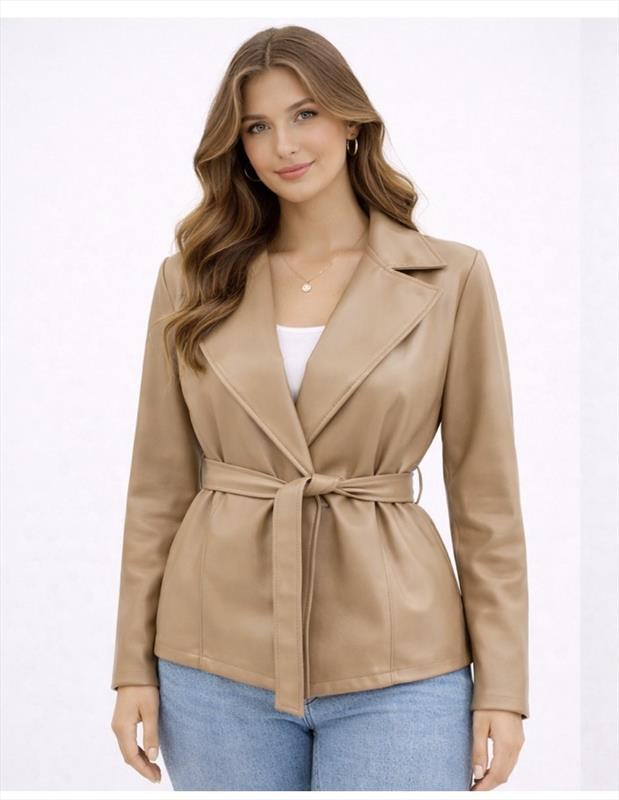 Damen Kunstleder Blazerjacke mit Gürtel