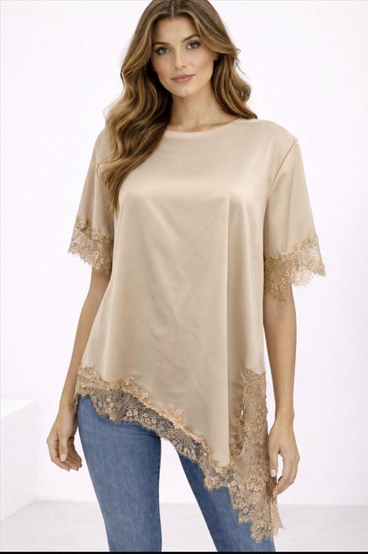Damen Oversize Tunika mit Spitze-Satin Look