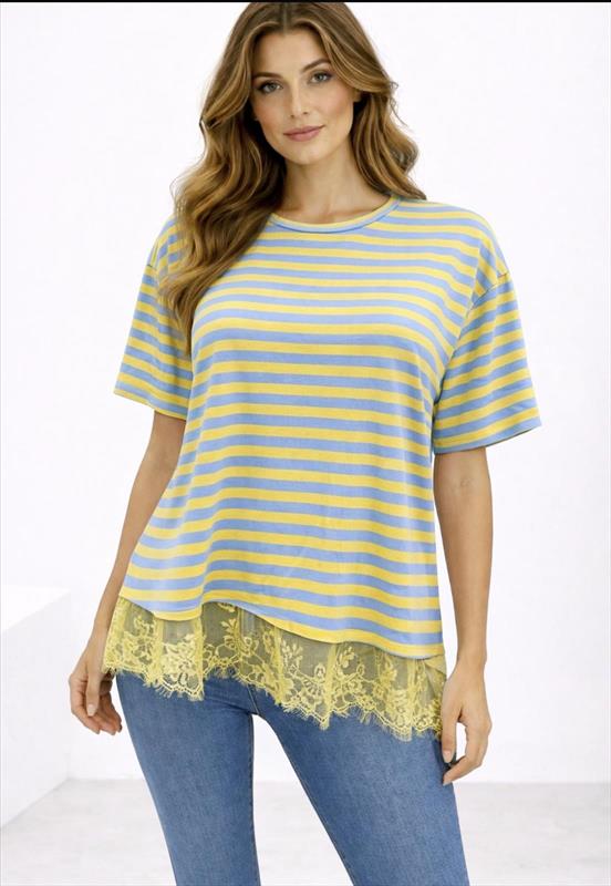 Damen Oversize Streifen T-Shirt mit Spitzenabschluss
